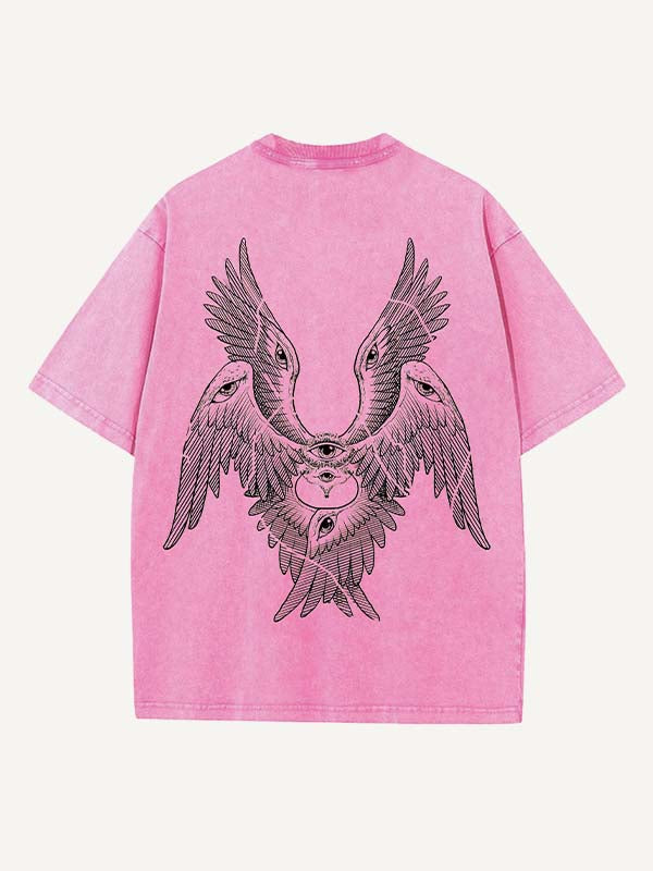 Distressed Washed Wing&Eye&Graphic Print Round Neck T-shirt