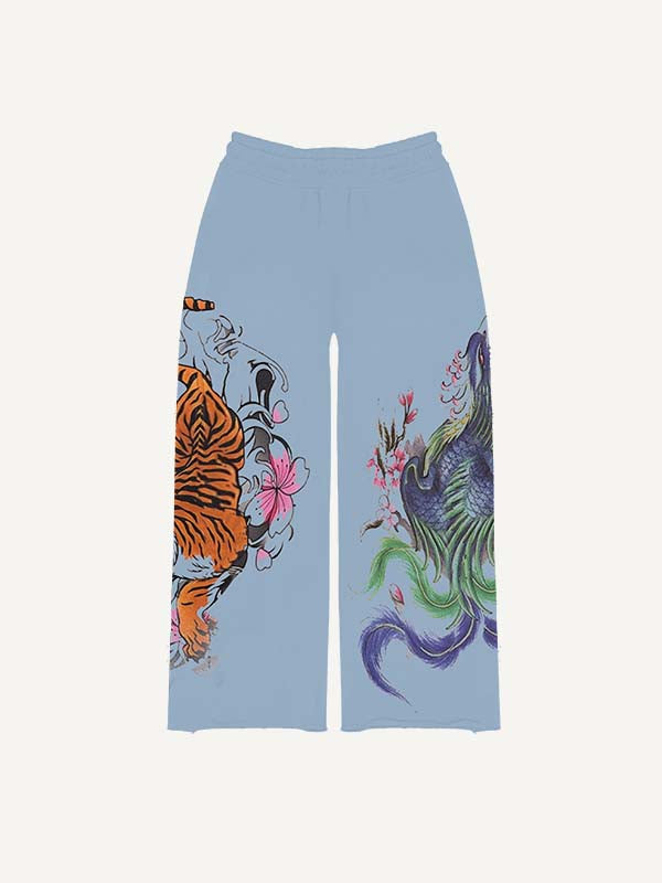 Dragon&Tiger&Phoenix Print Drawstring Waist Pants