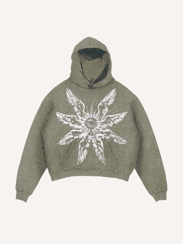 Distressed Washed Eye&Wing Print Slant Pockets Hoodie