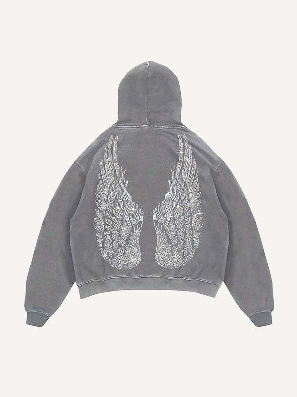 Distressed Washed Wing&Cross Faux Rhinestones Print Slant Pockets Hoodie