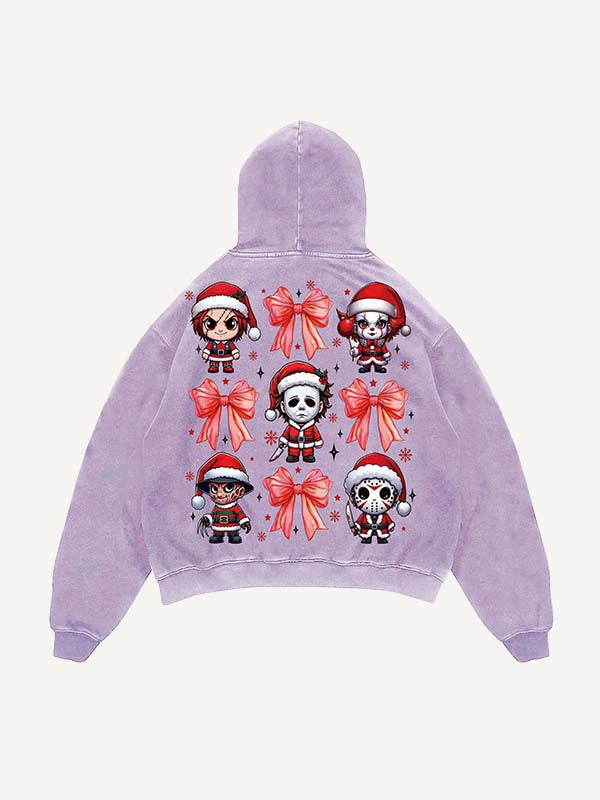 Distressed Washed Christmas Horror Print Slant Pockets Hoodie