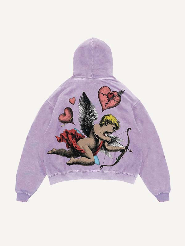 Distressed Washed Cupid&Heart Print Slant Pockets Hoodie