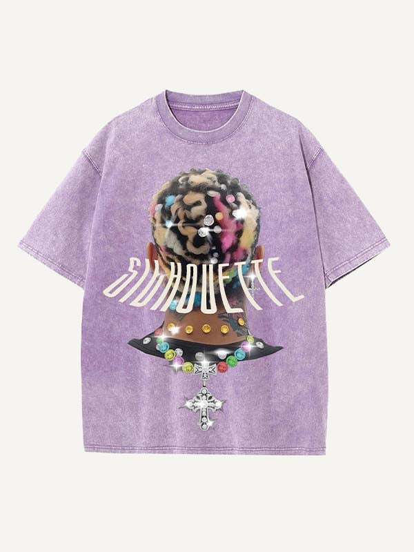 Distressed Washed Figure&Cross Print Round Neck T-shirt