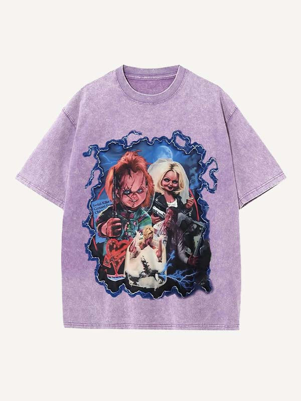 Distressed Washed Horror Print Round Neck T-shirt