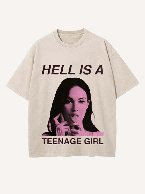 Distressed Washed Figure&Letter Print Round Neck T-shirt