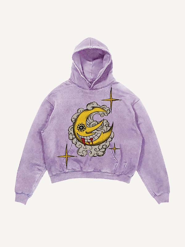 Distressed Washed Evil Moon&Sun&Star&Cloud Print Slant Pockets Hoodie