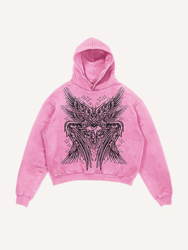 Distressed Washed Wing&Eye&Tears&Graphic Print Slant Pockets Hoodie