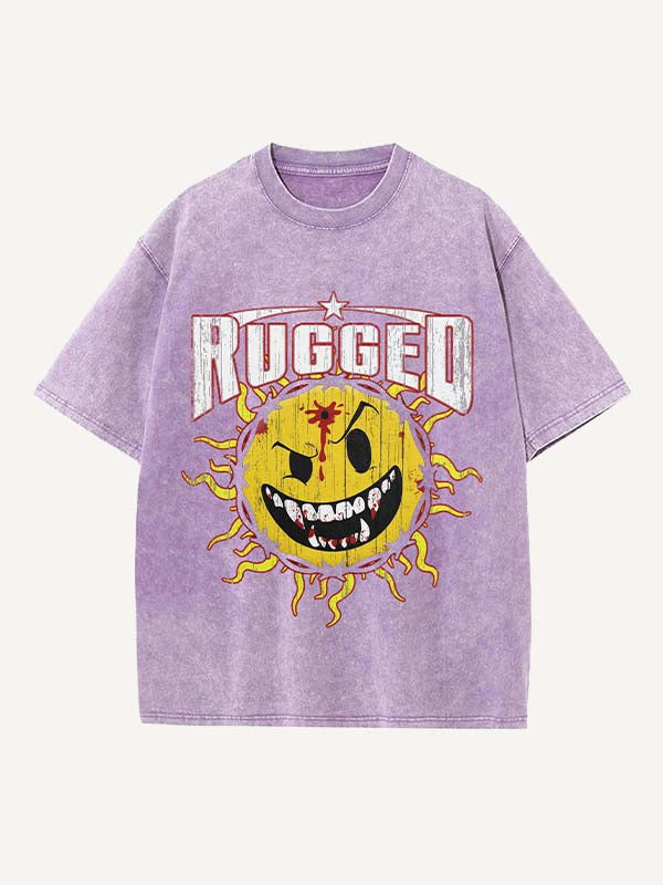 Distressed Washed Evil Sun&Letter Print Round Neck T-shirt