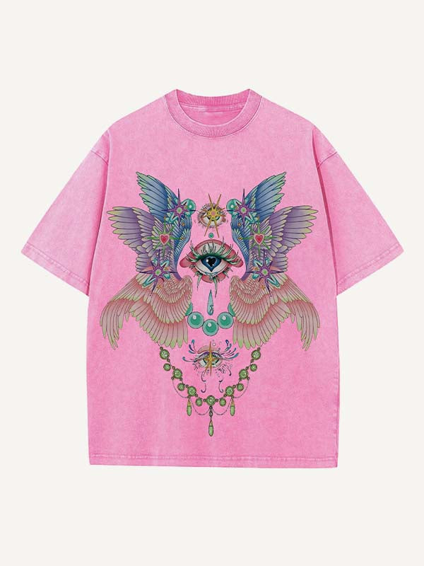 Distressed Washed Eye&Wing Print Round Neck T-shirt