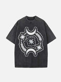 Distressed Washed Moon&Star&Eye Faux Decal Print Round Neck T-shirt