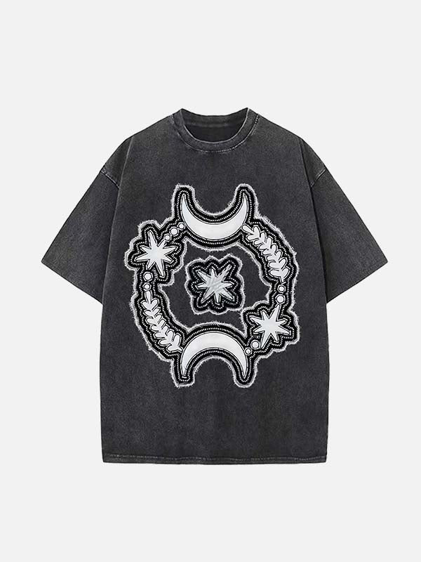 Distressed Washed Moon&Star&Eye Faux Decal Print Round Neck T-shirt