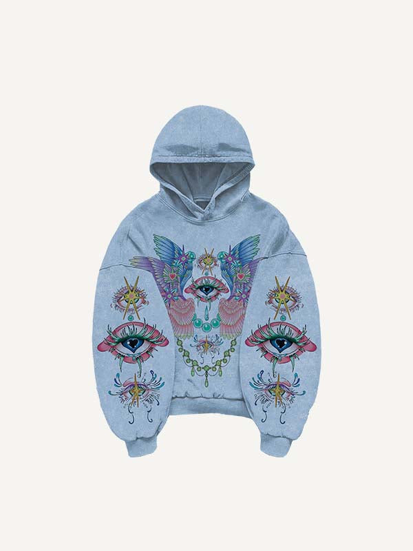 Eye&Wing Print Slant Pockets Hoodie