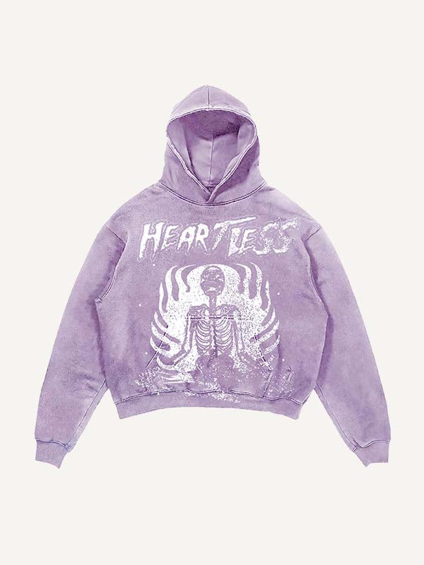 Distressed Washed Heartless Skeleton&Letter Print Slant Pockets Hoodie