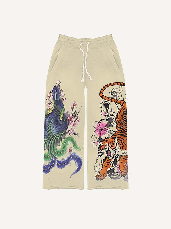 Dragon&Tiger&Phoenix Print Drawstring Waist Pants