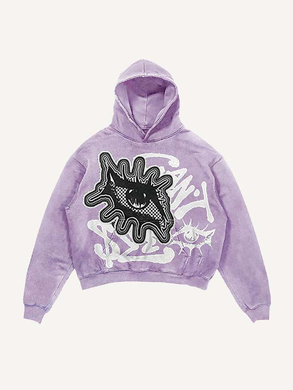 Distressed Washed Eye&Letter Faux Decal Print Slant Pockets Hoodie