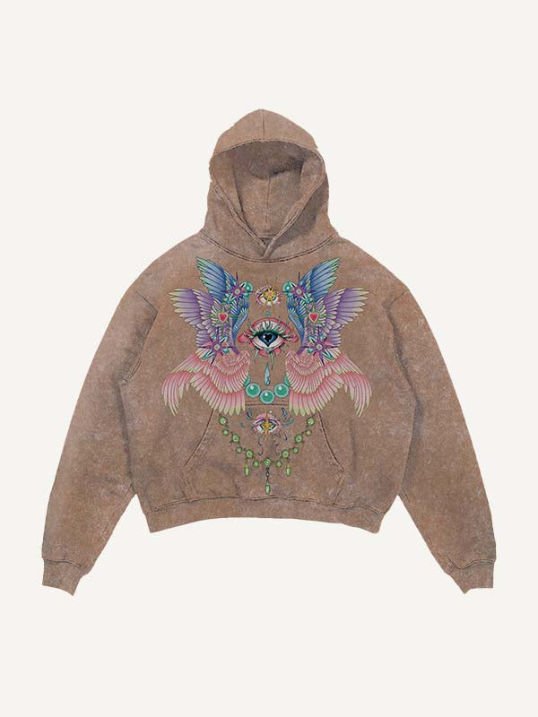 Distressed Washed Eye&Wing Print Slant Pockets Hoodie