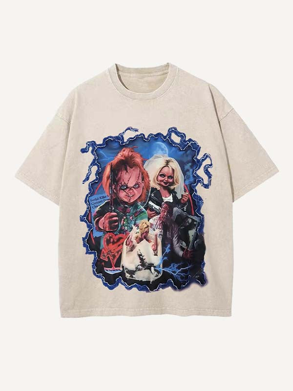 Distressed Washed Horror Print Round Neck T-shirt