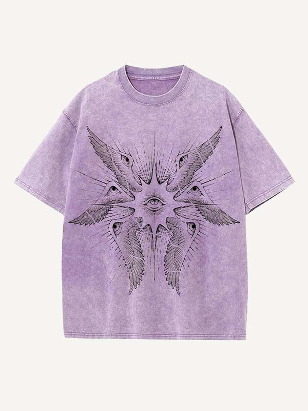 Distressed Washed Wing&Eye&Graphic Print Round Neck T-shirt