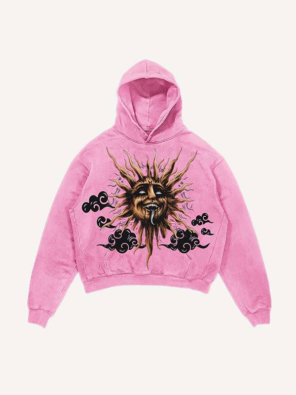 Distressed Washed Evil Moon&Sun&Cloud&Star Print Slant Pockets Hoodie