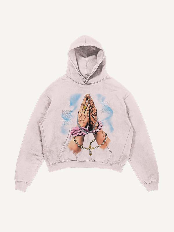 Distressed Washed Pray&Letter&Heart&Palm Print Slant Pockets Hoodie