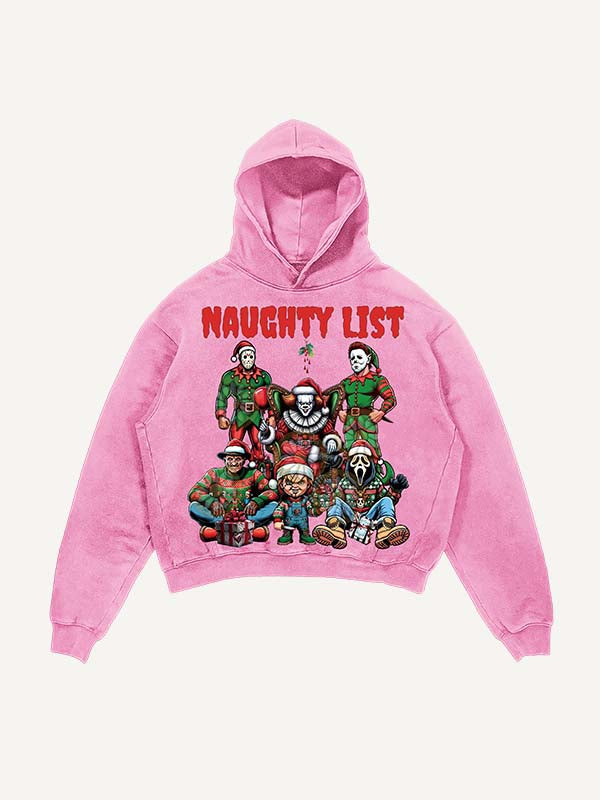 Distressed Washed Christmas Horror Print Slant Pockets Hoodie