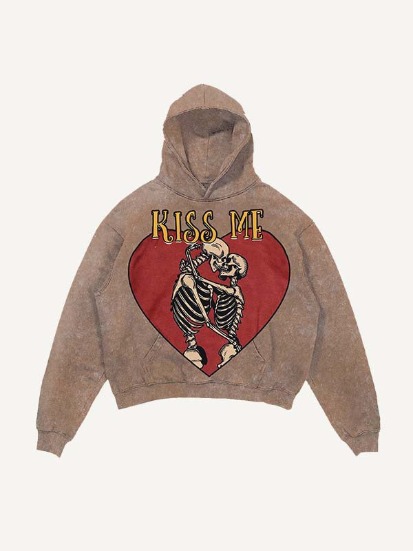 Distressed Washed Skeleton&Kiss Me Print Slant Pockets Hoodie