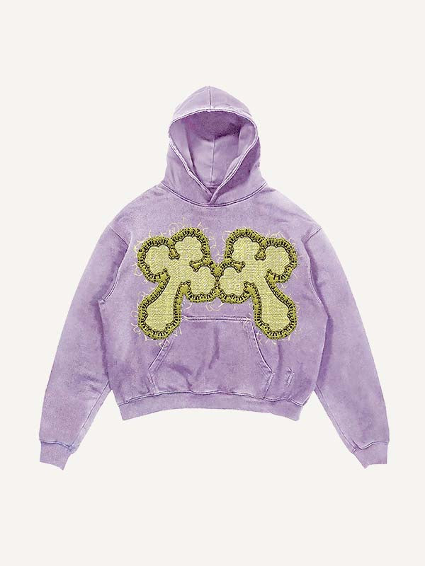 Distressed Washed Cross&Skull Faux Decal Print Slant Pockets Hoodie