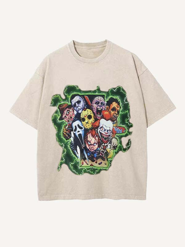 Distressed Washed Horror Print Round Neck T-shirt