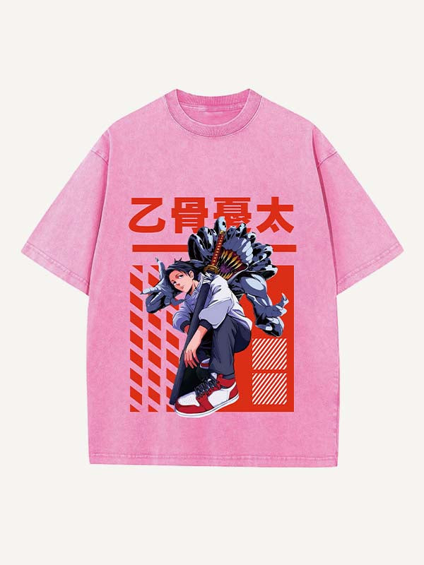 Distressed Washed Figure&Sword&Monsters&Letter Print Round Neck T-shirt