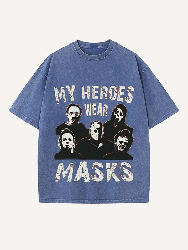 Distressed Washed Halloween Horror Print Round Neck T-shirt