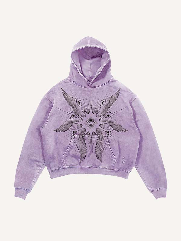 Distressed Washed Wing&Eye&Graphic Print Slant Pockets Hoodie