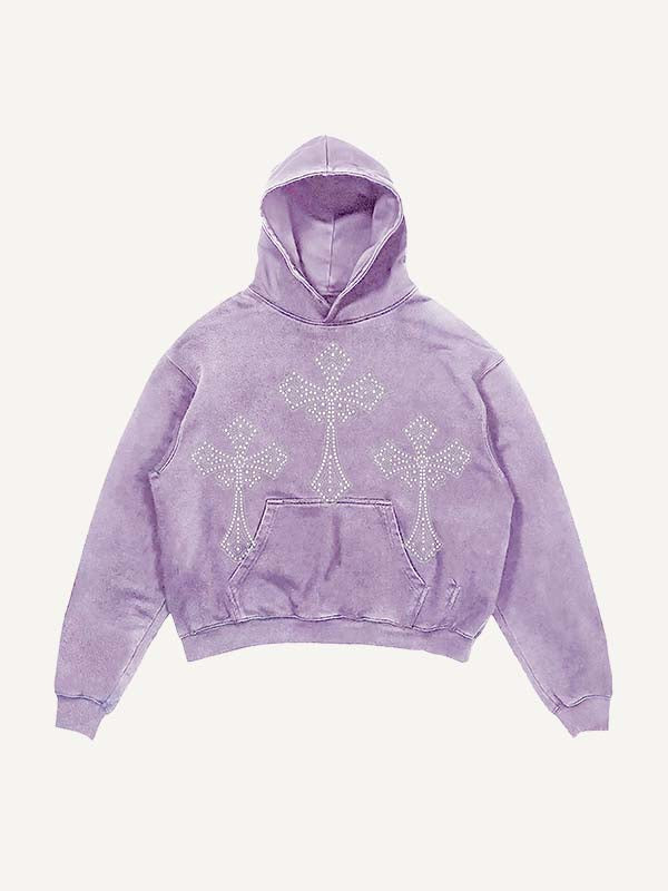 Distressed Washed Wing&Cross Faux Rhinestones Print Slant Pockets Hoodie