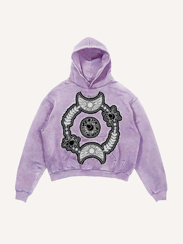 Distressed Washed Sun&Moon&Star&Eye Graphic Faux Decal Print Slant Pockets Hoodie