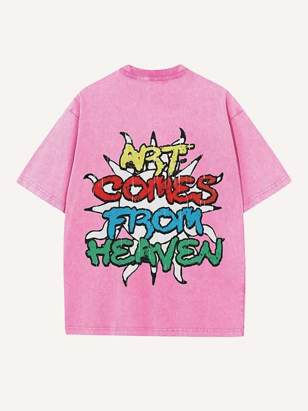 Distressed Washed Sun&Letter Print Round Neck T-shirt