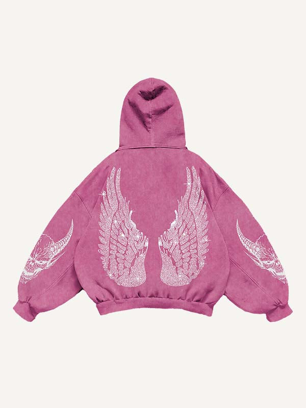 Demon&Wing&Letter Faux Decal Print Slant Pockets Hoodie