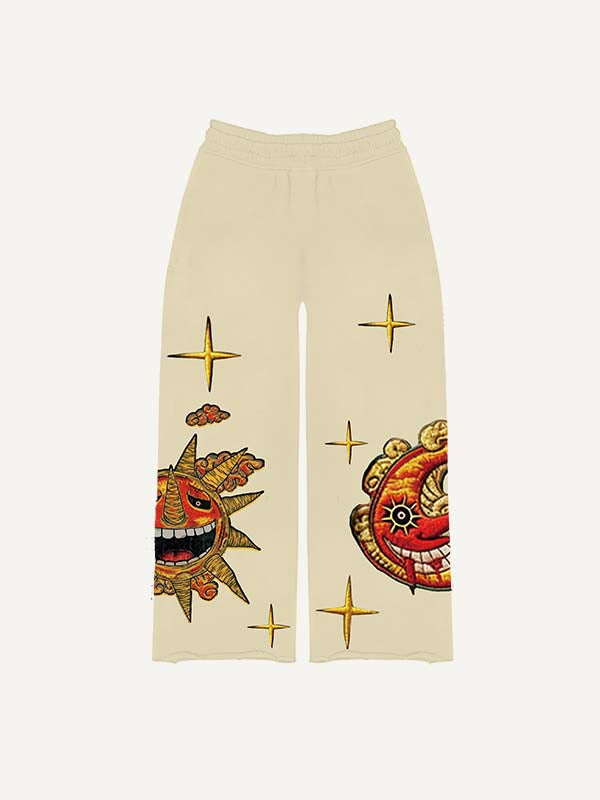 Evil Sun&Moon&Star&Cloud Faux Decal Print Elastic Waist Pants