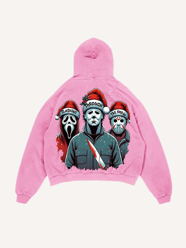 Distressed Washed Christmas Horror Print Slant Pockets Hoodie