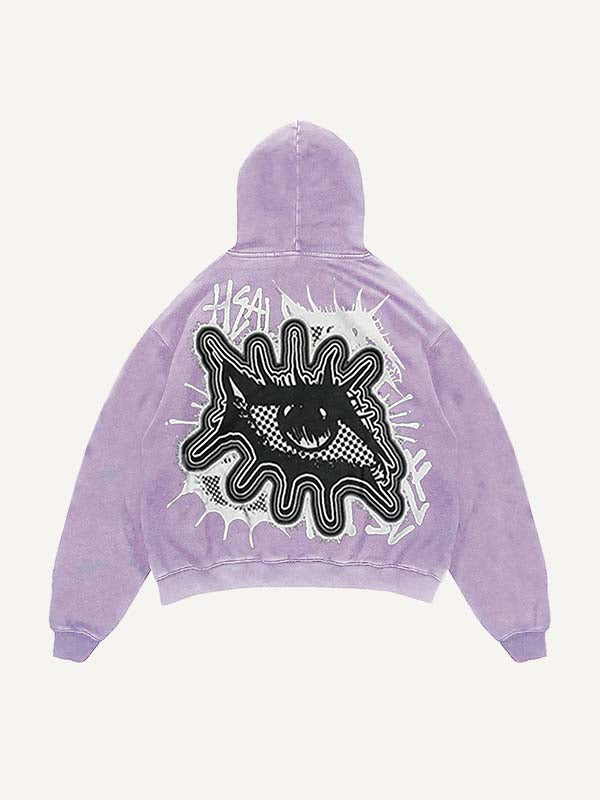 Distressed Washed Eye&Letter Faux Decal Print Slant Pockets Hoodie