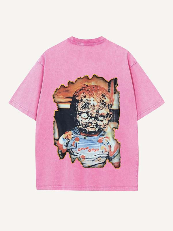 Distressed Washed Horror Print Round Neck T-shirt