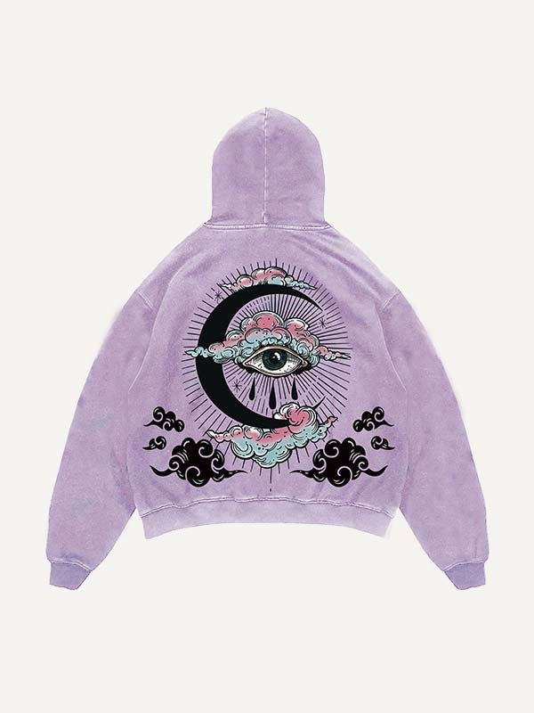 Distressed Washed Eye&Cloud&Moon&Graphic Print Slant Pockets Hoodie