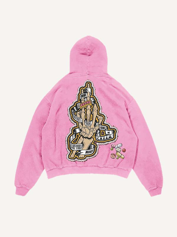 Distressed Washed Skeleton Injection Medicine&Letter Faux Decal Print Slant Pockets Hoodie