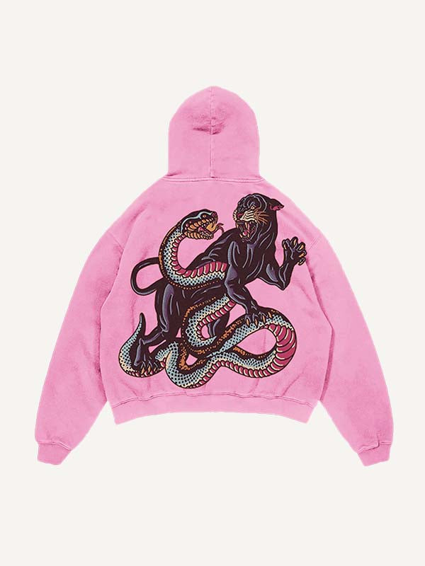 Distressed Washed Tiger&Snake&Panther Print Slant Pockets Hoodie