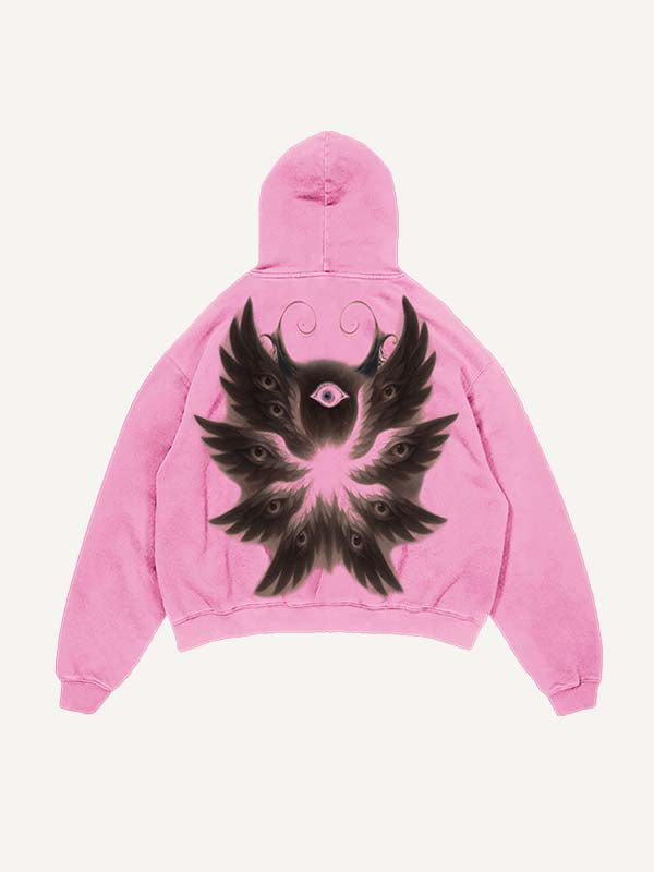 Distressed Washed Wing&Eye&Graphic Print Slant Pockets Hoodie
