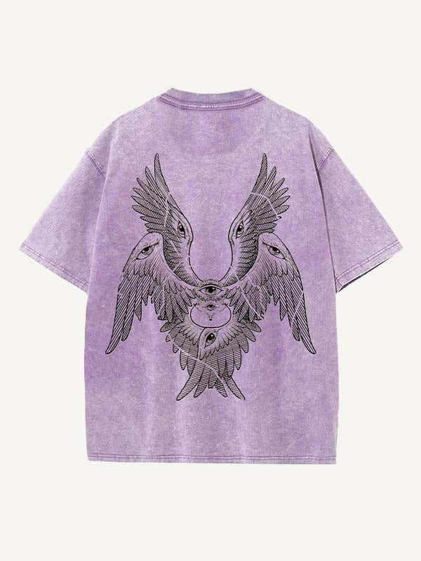 Distressed Washed Wing&Eye&Graphic Print Round Neck T-shirt