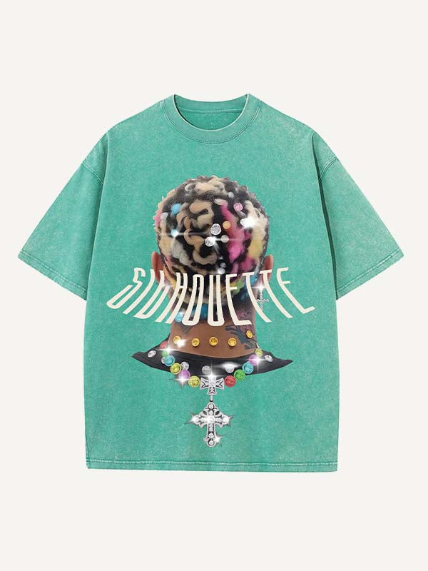 Distressed Washed Figure&Cross Print Round Neck T-shirt