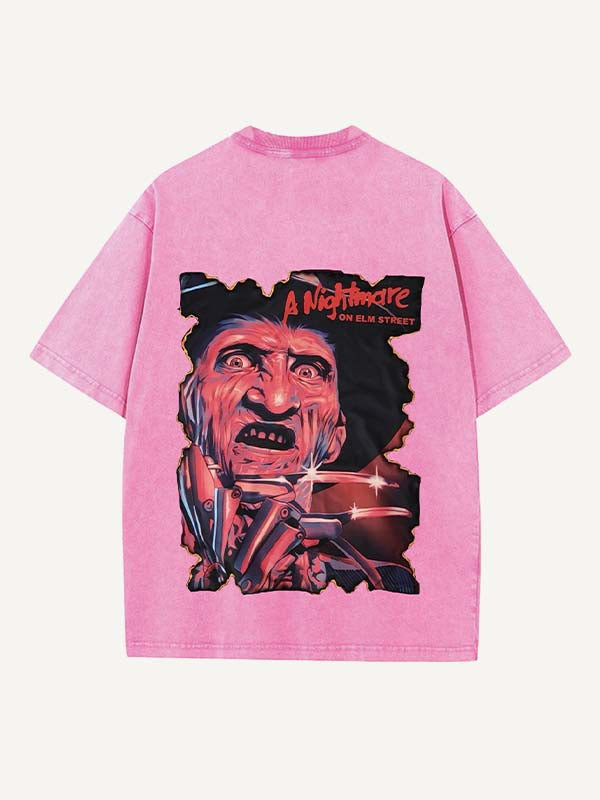 Distressed Washed Horror Print Round Neck T-shirt