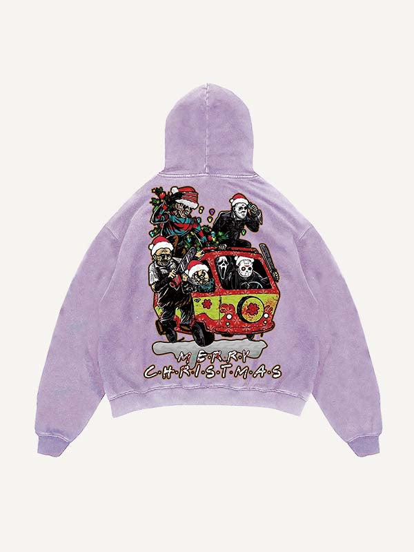 Distressed Washed Christmas Horror Print Slant Pockets Hoodie