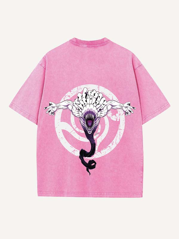 Distressed Washed Figure&Sword&Monsters&Letter Print Round Neck T-shirt