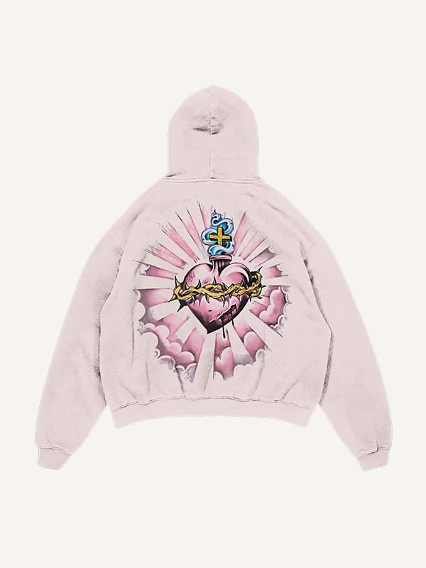 Distressed Washed Pray&Letter&Heart&Palm Print Slant Pockets Hoodie