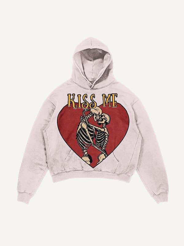 Distressed Washed Skeleton&Kiss Me Print Slant Pockets Hoodie